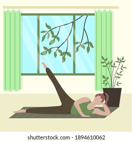 The girl is engaged in yogis in the room. Asana, yoga pose. The girl leads a healthy lifestyle. Vector illustration