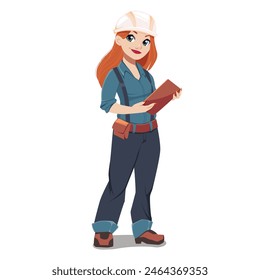 Girl engineer in a construction helmet with a tablet on a white background: a bright vector illustration for modern projects. Suitable for various construction, architectural and engineering projects