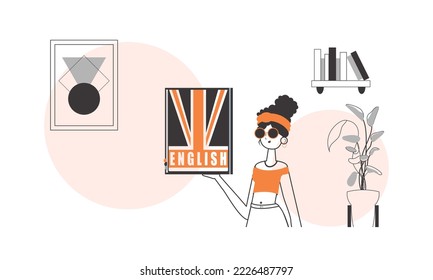 Girl English teacher. The concept of learning English. Linear trendy style.