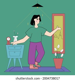 Girl enjoy in cozy room. with Fixed outline style, you dont trust him but you need place.