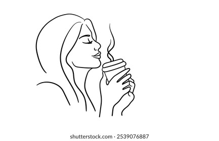 Girl enjoy and drink coffee continuous line art drawing isolated on white background. Cafe line art. Vector illustration	