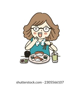 girl enjoy eating with sushi, hand drawn style vector illustration