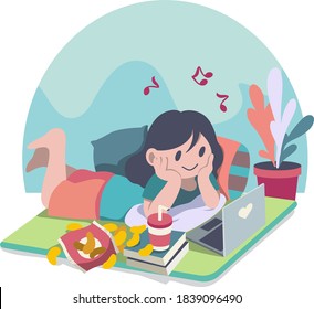 Girl Enjoy the Holiday Happily With Internet Browsing at Home Vector Graphic Illustration Background