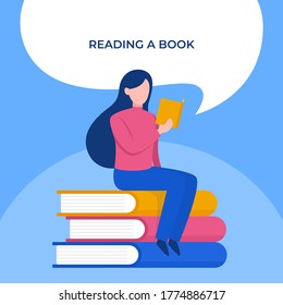 Girl enjoy reading a book sitting over stack of book vector flat illustration. Read a book day poster design