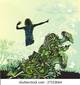 girl enjoy the spring in the nature  with butterflies