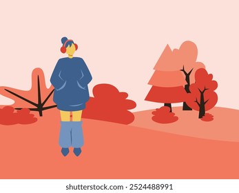 Girl enjoying autumn in the park alone waiting for someone. Girl illustration for website and banner
