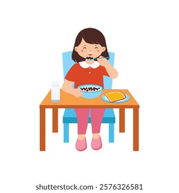 Girl Enjoying Cereal Breakfast at the Table 