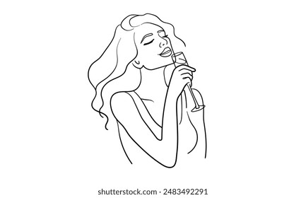 Girl enjoying champagne continuous line art drawing isolated on white background. Alcoholic drink. Vector illustration