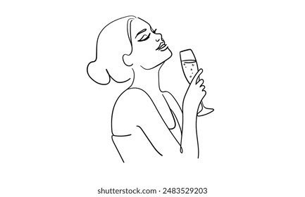 Girl enjoying champagne continuous line art drawing isolated on white background. Alcoholic drink. Vector illustration
