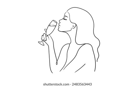 Girl enjoying champagne continuous line art drawing isolated on white background. Alcoholic drink. Vector illustration