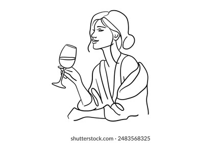 Girl enjoying champagne continuous line art drawing isolated on white background. Alcoholic drink. Vector illustration