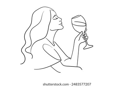 Girl enjoying champagne continuous line art drawing isolated on white background. Alcoholic drink. Vector illustration