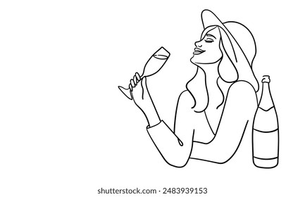 Girl enjoying champagne continuous line art drawing isolated on white background. Alcoholic drink. Vector illustration