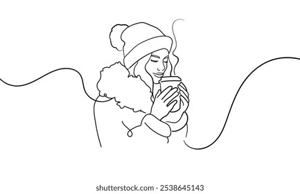 Muchacha que disfruta del dibujo continuo del arte de la línea del café aislado en el fondo blanco. Feliz invierno dama línea arte. Ilustración vectorial