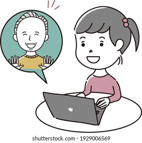 A girl enjoying a conversation with her grandfather online