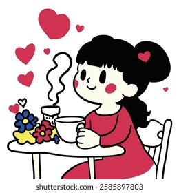 girl enjoying cup of coffee at table with flowers, surrounded by hearts. scene conveys warmth and happiness