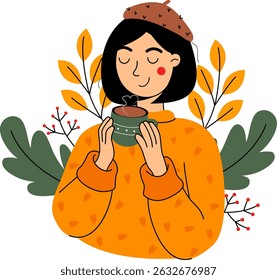 girl enjoying a cup of tea drink vector illustration