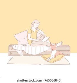 A girl enjoying a dog and relaxing afternoon. hand drawn style vector doodle design illustrations.