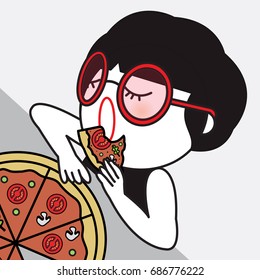 Girl Enjoying Eating Whole Large Pizza Concept Card Character illustration