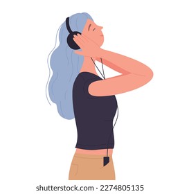 Girl enjoying favourite music. Songs playlist in headphones vector illustration