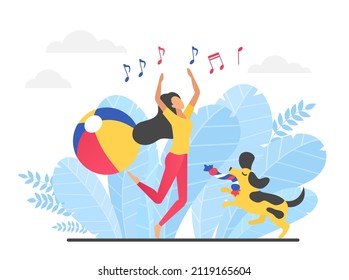 Girl enjoying the happy musical moment with her pet. Listening to music and no worries mood