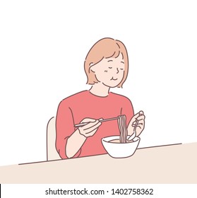 Girl enjoying her ramen noodle with spoon and chopstick. Hand drawn style vector design illustrations.