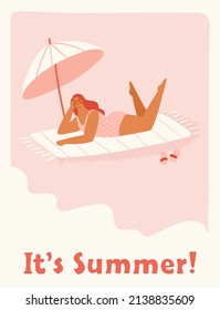 Girl enjoying her summer holiday on the beach. Vector illustration of a woman sunbathing on a beach blanket under a parasol by the sea. Poster or banner design in trendy retro style.