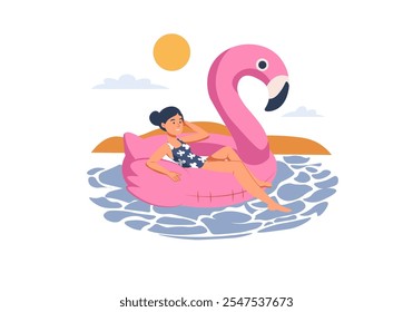 A girl enjoying her time on a pink flamingo float in a pool under the sun with a calm atmosphere. Vector illustration