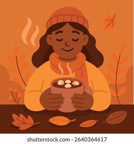 Girl Enjoying Hot Chocolate in Autumn Weather