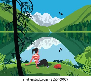 Girl Enjoying Mountain Lake Landscape Vector Stock Vector (Royalty Free ...