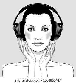 Girl enjoying music. Portrait of beautiful woman with head-phones. Vintage engraving stylized drawing. Vector illustration