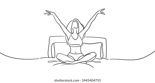 Girl enjoying on the bed continuous line art drawing isolated on white background. Meditation line art drawing. Vector illustration