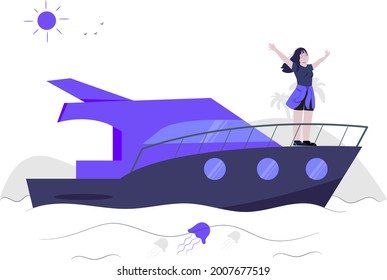 girl enjoying on yacht concept flat design illustration 