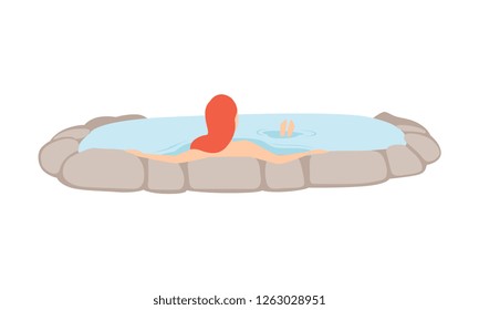 Girl enjoying outdoor thermal spring, young redhead woman relaxing in hot water in bath tub, back view vector Illustration on a white background