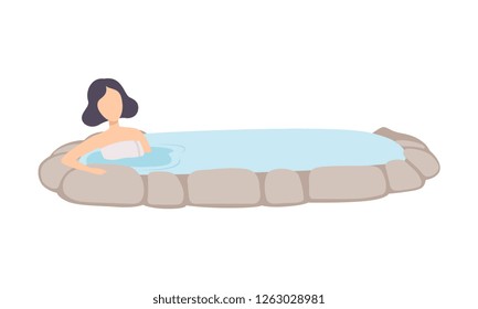 Girl enjoying outdoor thermal spring, young brunette woman relaxing in hot water in bath tub vector Illustration on a white background