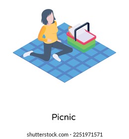 Girl enjoying outside, isometric icon of picnic 