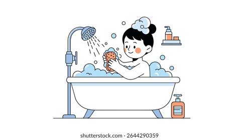Girl Enjoying a Relaxing Bubble Bath Surrounded by Soap and Shampoo Bottles on Shelf