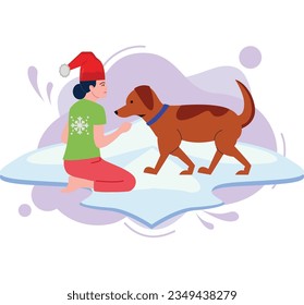 Girl enjoying in snow with her dog Illustration 