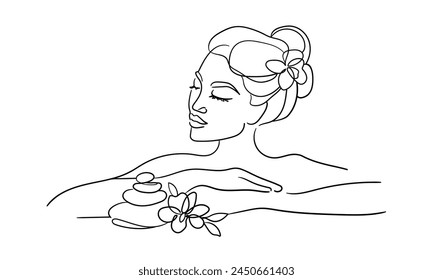 Girl enjoying spa salon isolated on white background. Fashion line art drawing. Vector illustration