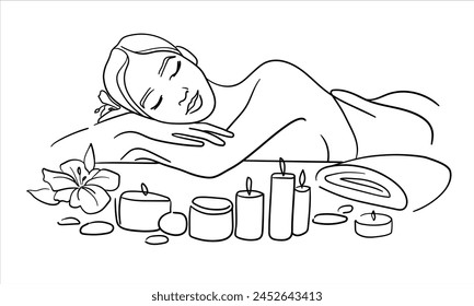 Girl enjoying spa salon isolated on white background. Fashion line art drawing. Vector illustration