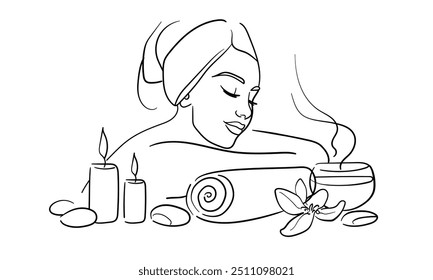 Girl enjoying spa salon isolated on white background. Relax line art drawing. Vector illustration	