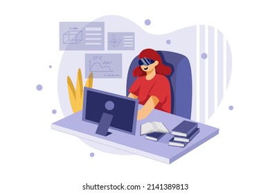 Girl Enjoying Study Using VR Tech Illustration concept. Flat illustration isolated on white background.