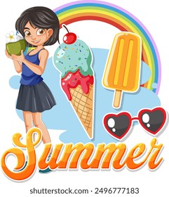 Girl enjoying summer with ice cream and popsicle