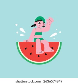 Girl enjoying summer on a watermelon slice