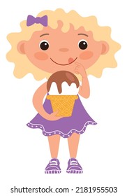 Girl enjoying tasty ice cream ball in waffle