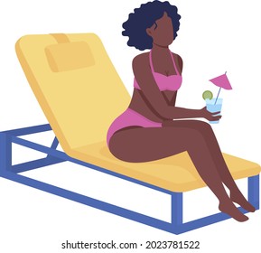 Girl enjoying tropical drink on beach semi flat color vector character. Full body person on white. Hanging out with cocktail isolated modern cartoon style illustration for graphic design and animation