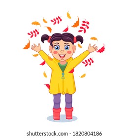 girl enjoys autumn leaves, vector illustration isolated on white background