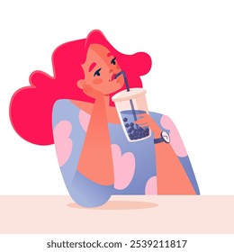 Girl enjoys a drink, bubble tea, sitting at the table. A woman is holding a takeaway mug. Character drinking morning drink, takeaway. Vector flat illustration isolated on white background