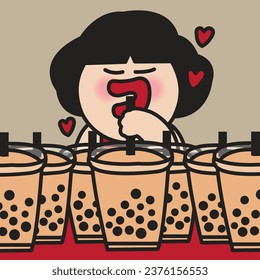 Girl Enjoys Drinking Cups Of Bubble Milk Tea With Her Entire Interest Concept Card Character illustration