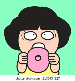 Girl Enjoys Eating Donut Concept Card Character illustration